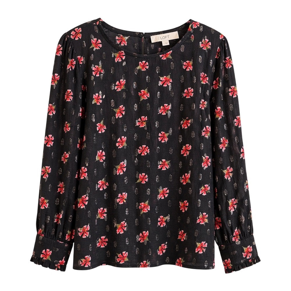 LOFT Womens Black Red Floral Metallic Clip Dot Long Sleeve Blouse Top Size L